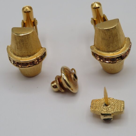 Christian Dior Vintage Art Deco Cufflinks and Tie Tac Set Gold Tone Rhinestone - Picture 8 of 11